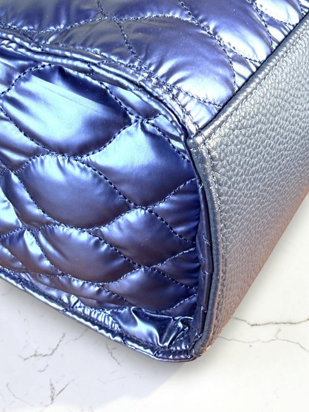 Sharif Global Generation Metallic Sapphire Blue Quilted Nylon Sample Tote - Picture 8 of 12